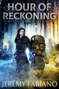 Cover art for "Hour of Reckoning," Book 3 of the Tempest Chronicles LitRPG series by Jeremy Fabiano. A determined hero stands beside a heavily armored dwarf ally, both ready for battle as glowing blue magic crackles around them. They are set against a backdrop of a snow-covered forest with shadowy figures emerging in the distance, symbolizing the epic quests, teamwork, and high-stakes adventure at the heart of this LitRPG fantasy series set in the Crimson Sword Universe.
