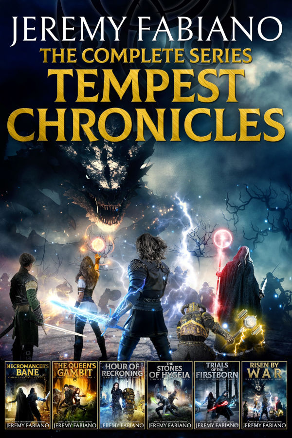 Tempest Chronicles Poster Cover art for "Tempest Chronicles: The Complete Series" by Jeremy Fabiano. A party of adventurers—including a warrior, mage, rogue, and dwarf—stand united against a massive shadowy dragon surrounded by glowing magical energy. At the bottom of the image are the covers of all six LitRPG fantasy books in the series: "Necromancer's Bane," "The Queen's Gambit," "Hour of Reckoning," "Stones of Hygeia," "Trials Firstborn," and "Risen by War." This box set showcases the epic quests, battles, and immersive storytelling of the Tempest Chronicles LitRPG series, set in the Crimson Sword Universe.