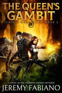 Cover art for "The Queen's Gambit," Book 2 of the Tempest Chronicles LitRPG series by Jeremy Fabiano. A fierce female mage casts glowing magic alongside a determined warrior wielding dual swords as they battle monstrous, insect-like creatures. The scene reflects the high-stakes quests, battles, and fantasy adventure central to this immersive LitRPG fantasy series set in the Crimson Sword Universe.